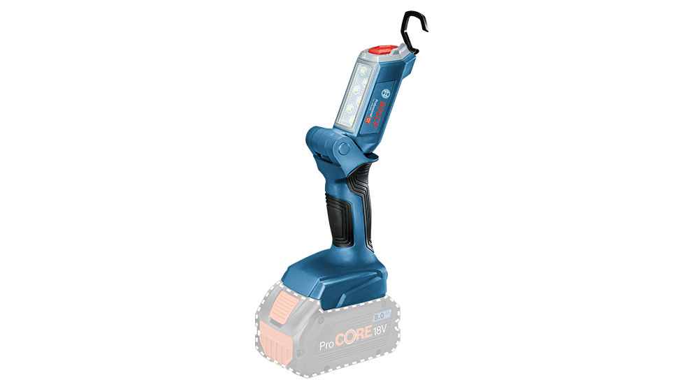 Modrá bezdrátová pracovní lampa Bosch Professional stojí na černém pozadí s velkou baterií.