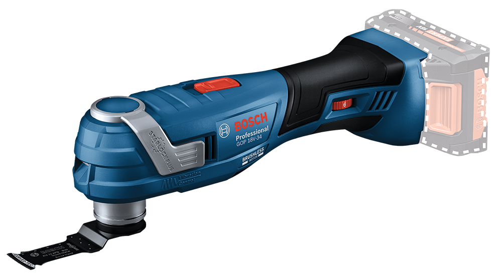 Modrý akumulátorový multifunkční nástroj Bosch Professional GOP 18V-28 s černým pilovým listem.