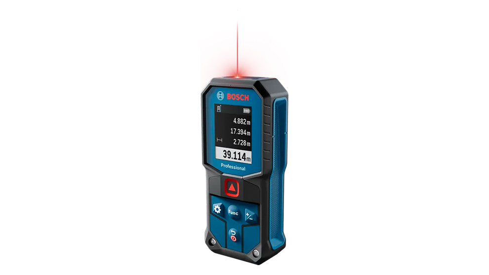 En Bosch Professional laserafstandsmåler i sort og blå med display og rød laserstråle.