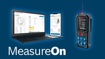 Een Bosch Professional laserafstandsmeter staat naast een laptop en smartphone.