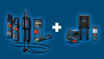 Bosch Professionele Gereedschappen: Multimeter, testapparaat en laserlijn op een blauwe achtergrond.