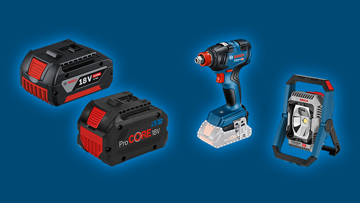 Bosch Professional cordless screwdriver, two batteries and a lighting tool on a blue background.