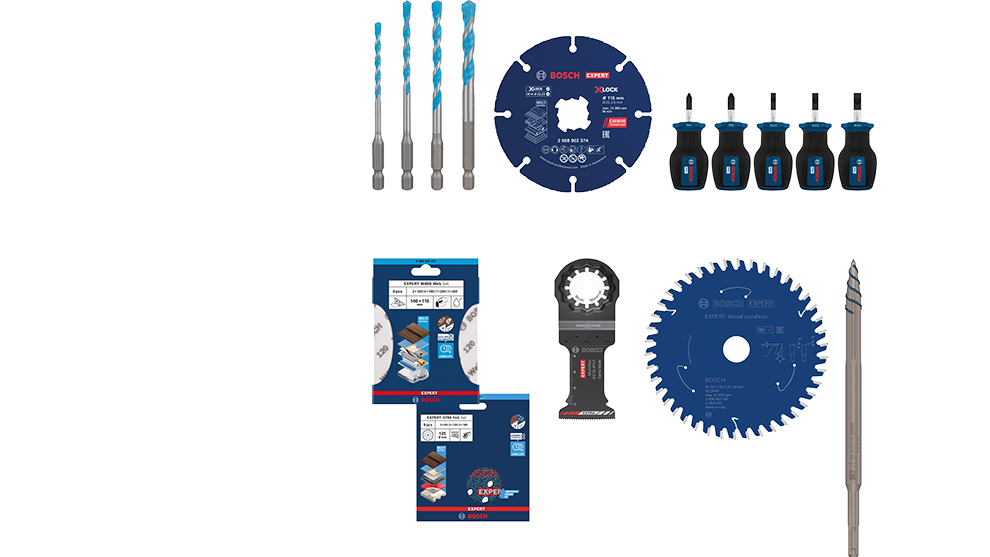 Varios herramientas y accesorios Bosch Professional: taladros, hojas de sierra, destornilladores, empaques, en azul.