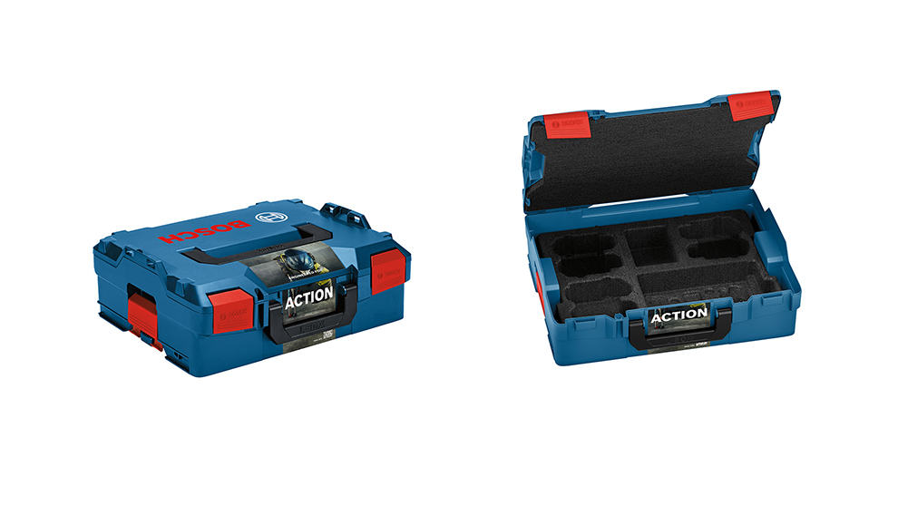 Eine blaue Bosch Professional Werkzeugbox mit roten Clips, geöffnet mit Schaumstoffeinlagen zur Aufbewahrung.