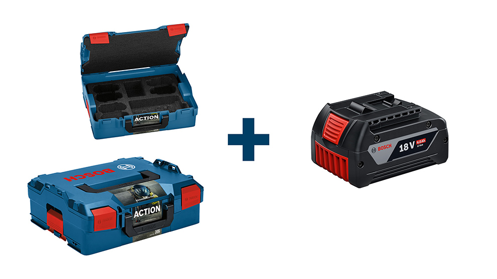 Zwei blaue Bosch Professional Werkzeugkoffer mit roten Clips, einer geöffnet, daneben ein schwarzer Akku.