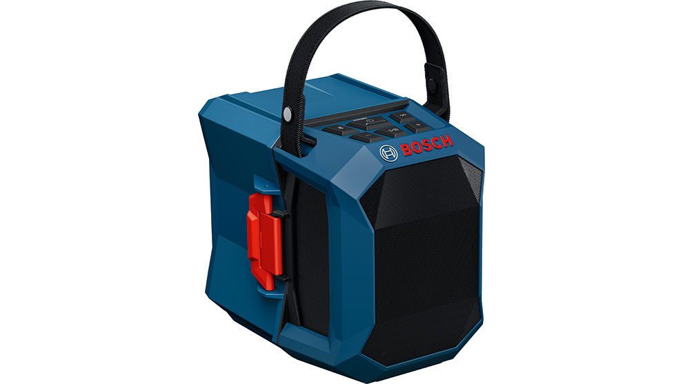 En blå Bosch Professional bygge-radio med sort gitter og rød håndtag, kompakt og bærbar.
