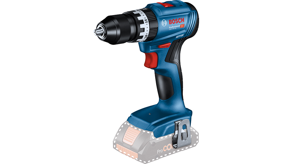 Sinine Bosch Professional akutrell seisab heledal taustal, hästi nähtav.