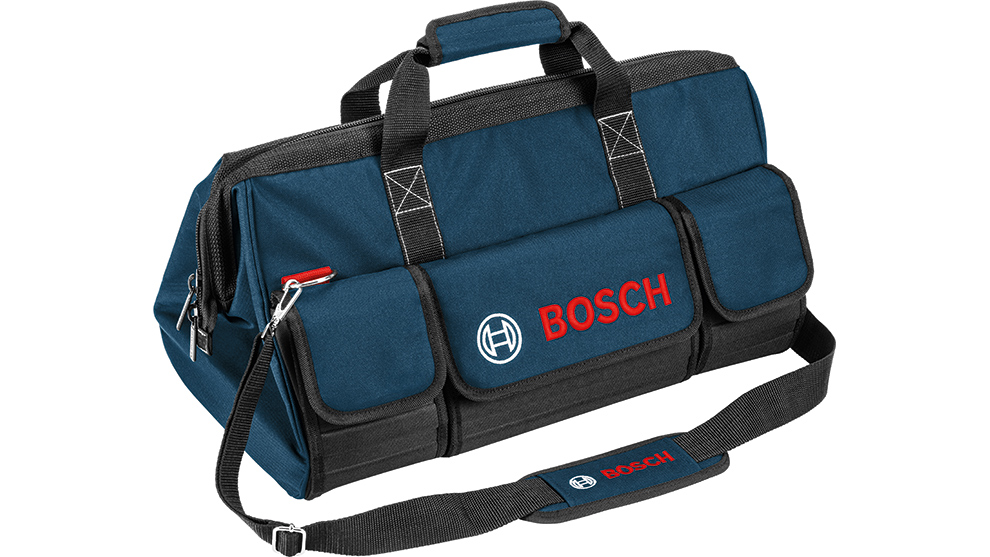 Tume sinine tööriistakott Bosch Professionalilt, millel on punased kirjapildid ja mitu taskut.