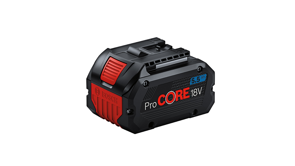 Must Bosch Professional ProCORE 18V aku punase käepidemega ja sinise tekstiga.