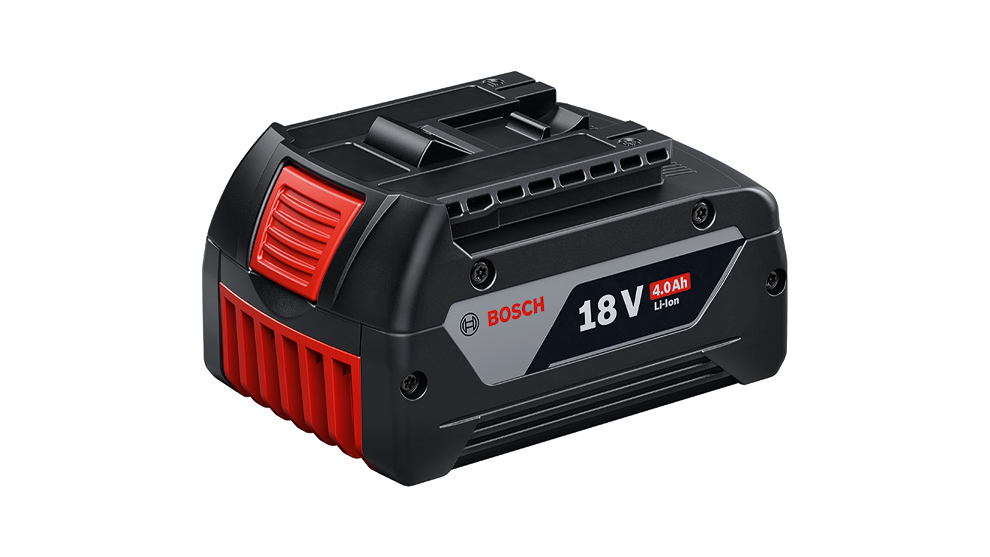 Must Bosch Professional 18V aku punase detailiga ja 4.0Ah liitiumioontehnoloogiaga, vaadatuna küljelt.