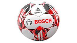 En fodbold med røde og hvide mønstre og teksten "Bosch".