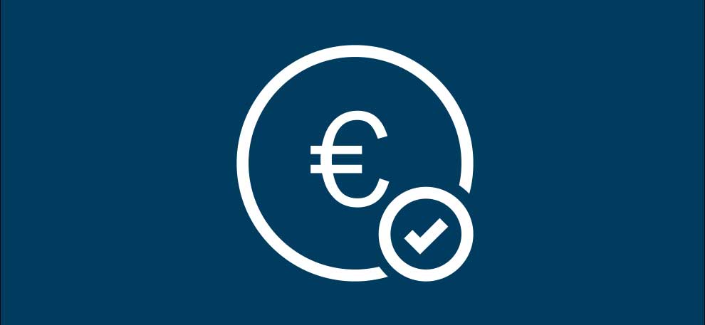 Ett eurotecken i en cirkel med ett kryss på blå bakgrund.