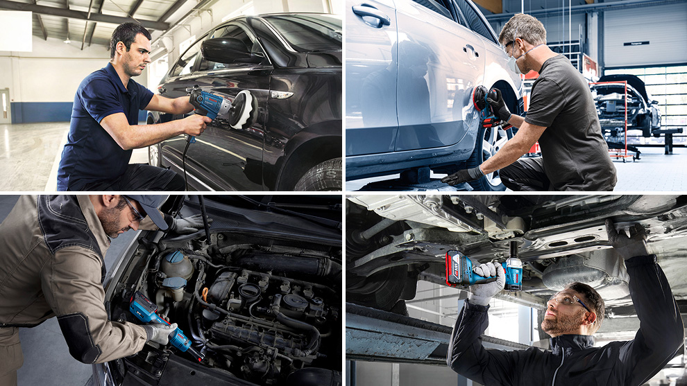 Four images show men using Bosch Professional tools in a workshop: In the top left, a man is polishing a car; in the top right, another is working on a vehicle. In the bottom left, a mechanic is inspecting a car's engine, and in the bottom right, another man is working under a car with a blue Bosch tool. The environment is bright and modern, with workshop equipment in the background.