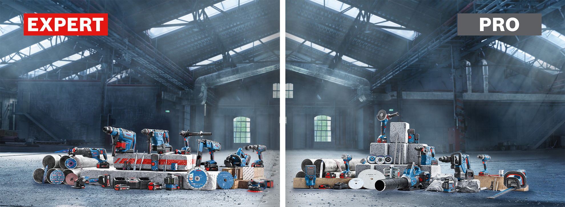 Twee zijden van een ruimte met blauwe gereedschappen: links 'EXPERT', rechts 'PRO'. Gereedschappen liggen op grijze blokken.