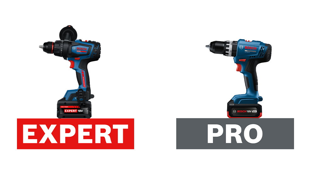 Twee Bosch accuschroevendraaiers, één links met een rood label 'EXPERT 18V', één rechts met een grijs label 'PRO 18V'.