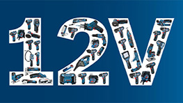 Numer 12V z narzędzi na niebieskim tle, Bosch Professional.
