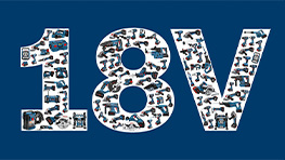 Le nombre 18V se compose d'images d'outils sur fond bleu.