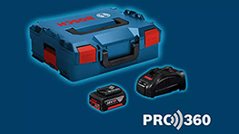 Niebieska skrzynka narzędziowa Bosch Professional z dwoma akumulatorami obok.