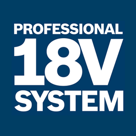 Logo de Bosch Professional, système 18V en blanc sur fond bleu.