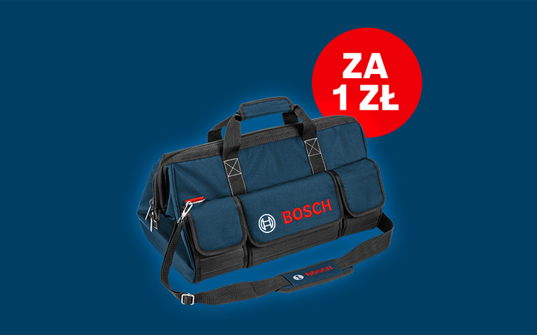 Niebieska torba na narzędzia Bosch z uchwytem i paskiem na ramię.