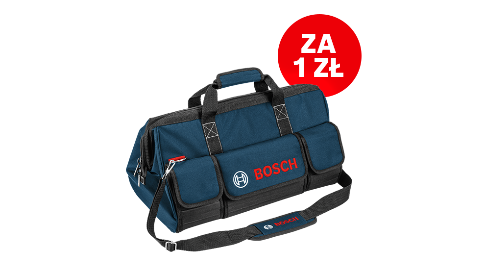 Ciemnoniebieska torba na narzędzia Bosch z czerwonymi detalami i uchwytem do noszenia.