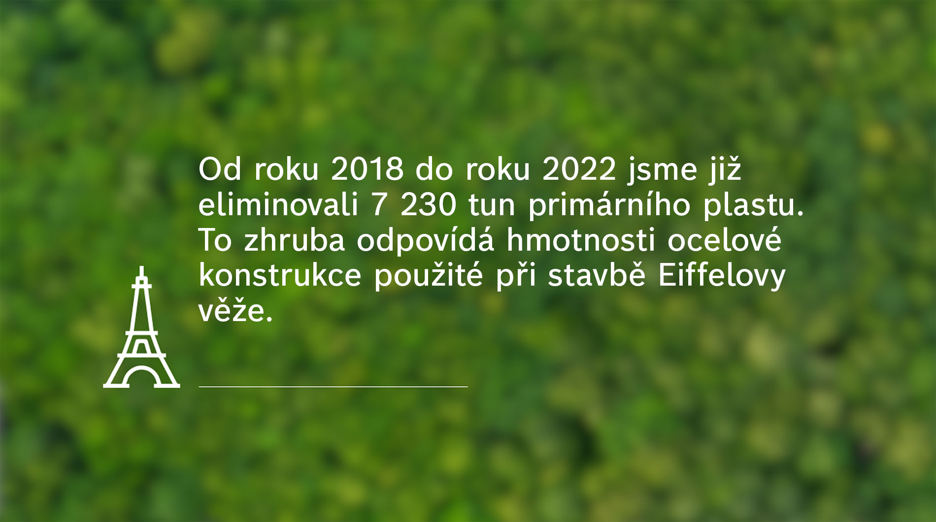 Text na zeleném pozadí o snižování plastů a Eiffelově věži.