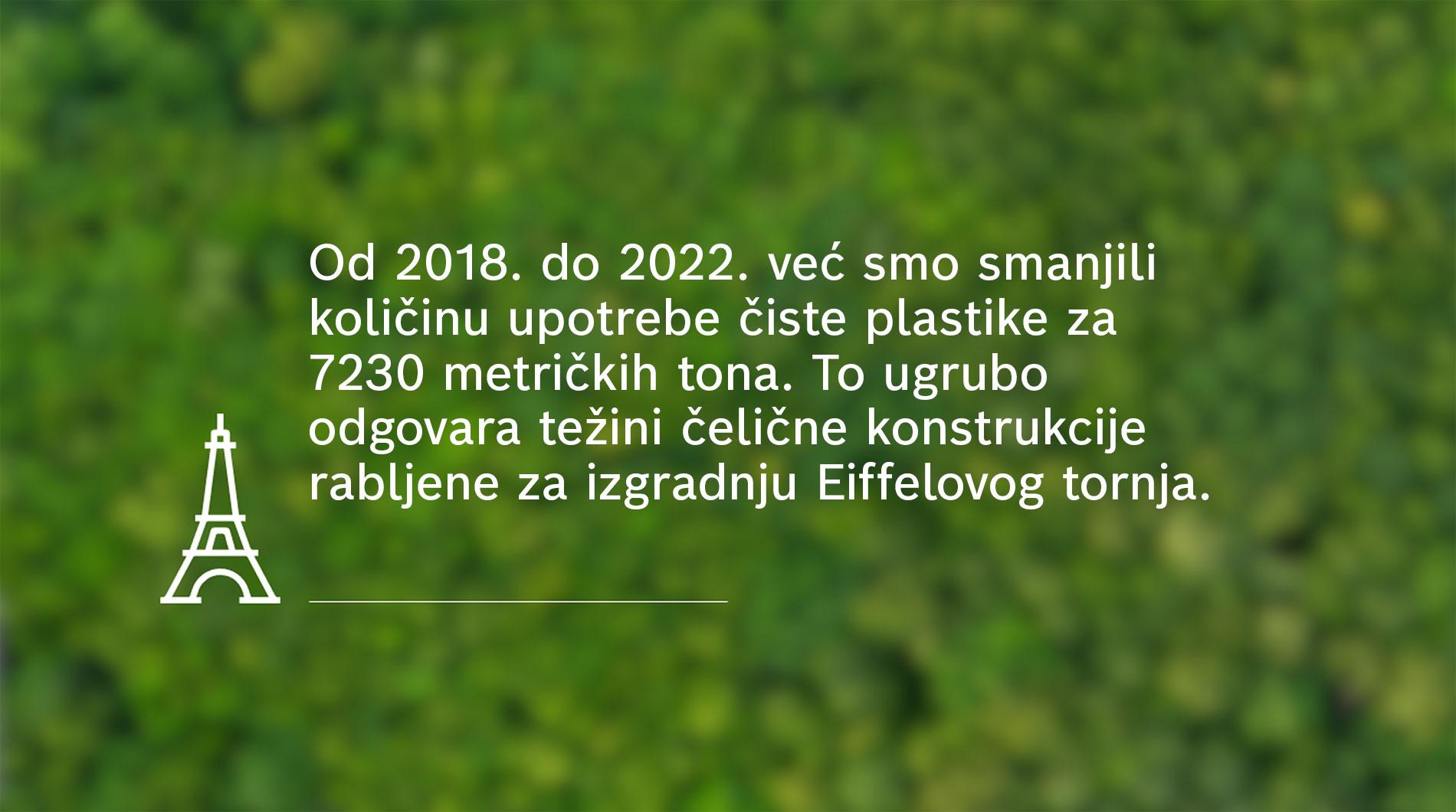 Tekst o smanjenju plastike na zelenoj pozadini s logom Eiffelovog tornja.