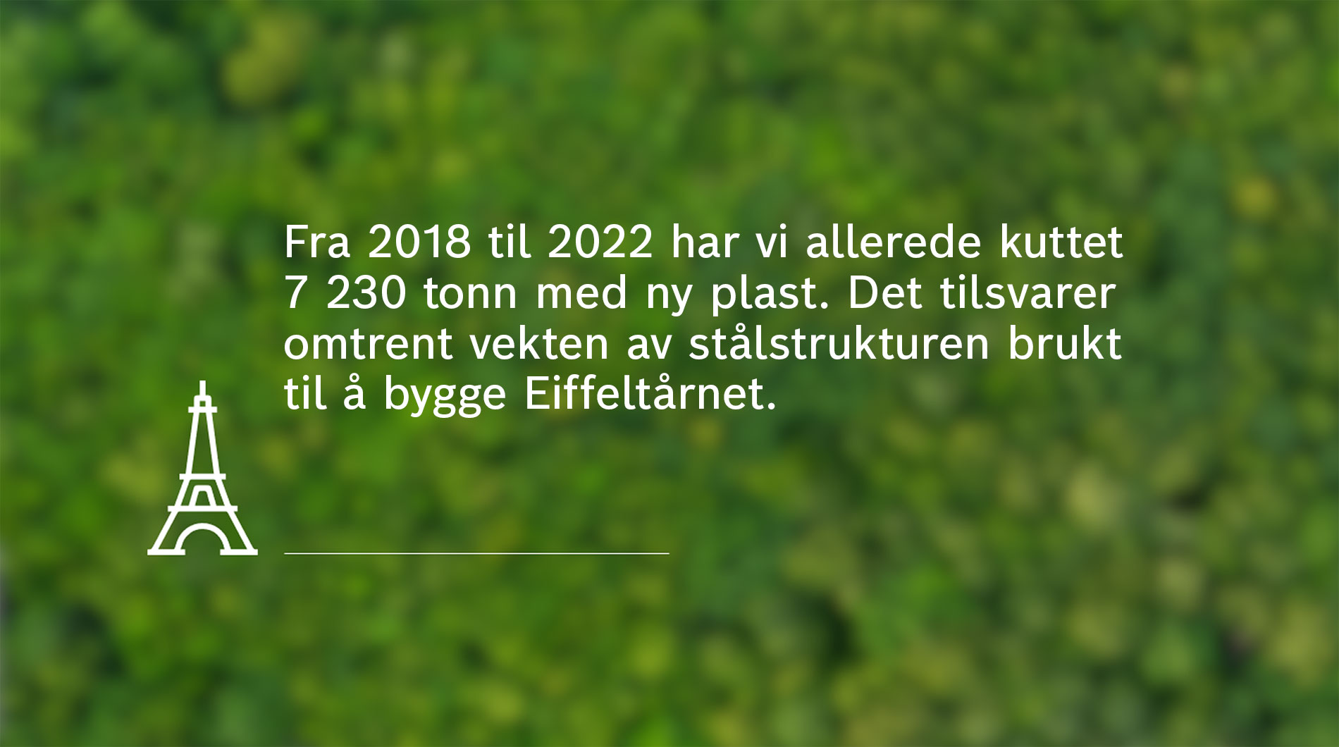 Tekst om plastreduksjon på grønn bakgrunn med Eiffeltårn-symbol.
