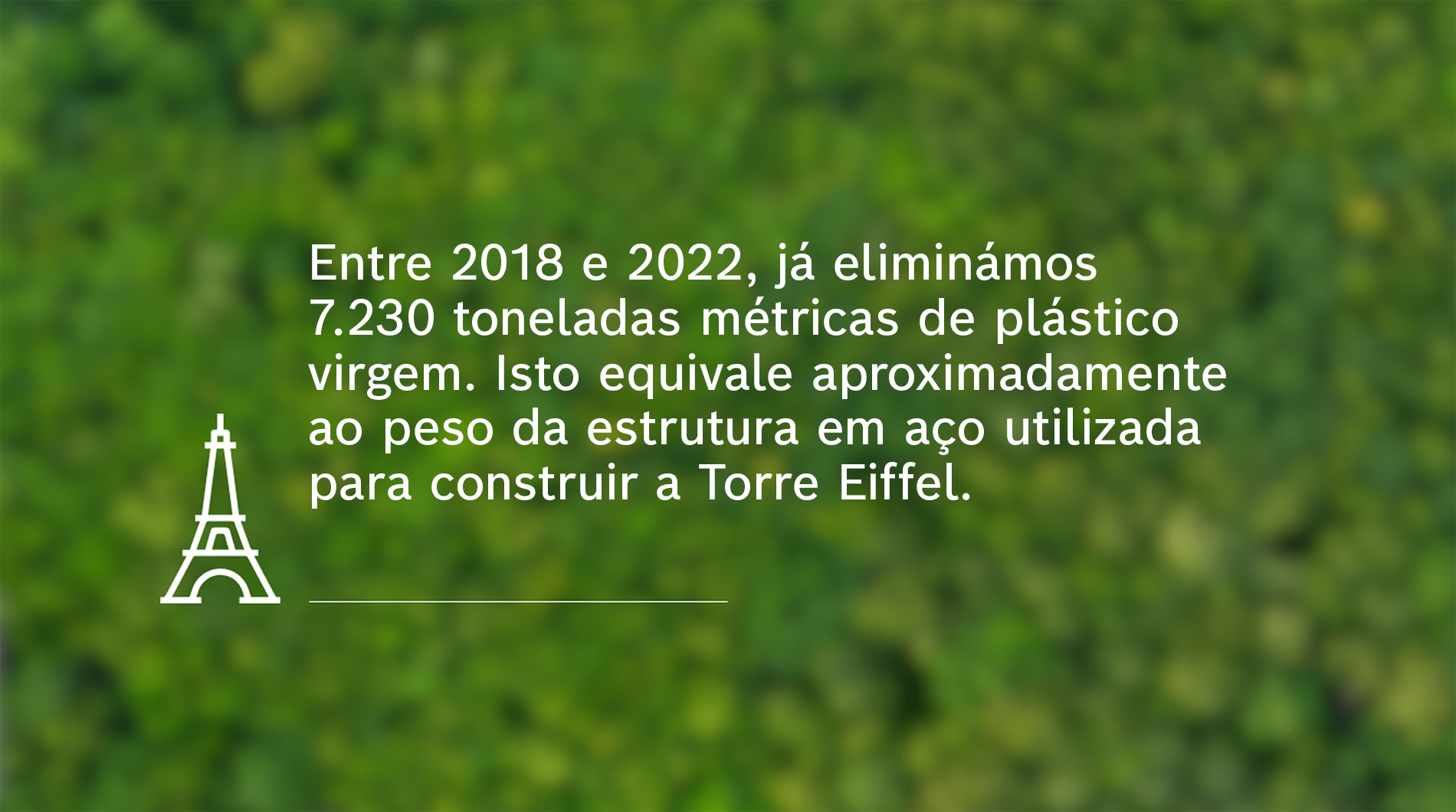 Texto em fundo verde sobre redução de plástico e a estrutura da Torre Eiffel.