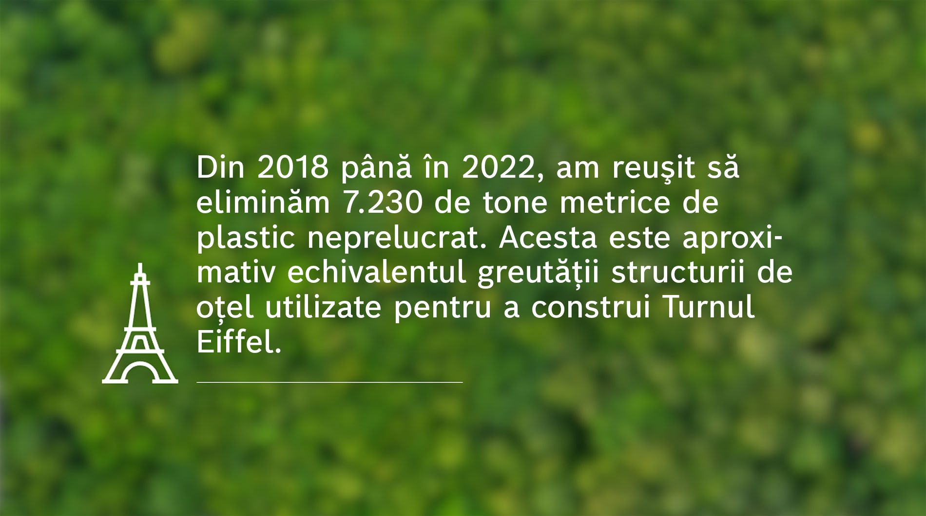 Text despre reducerea plasticului pe un fundal verde cu logo-ul Turnului Eiffel.