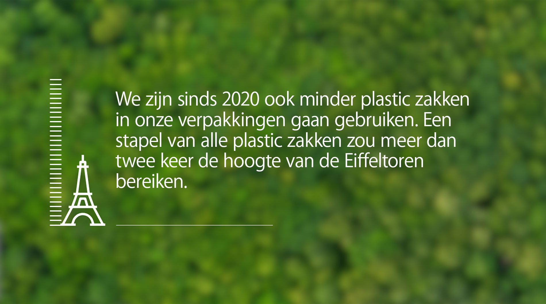 Groene achtergrond met tekst over plastic zakken en de silhouet van de Eiffeltoren.