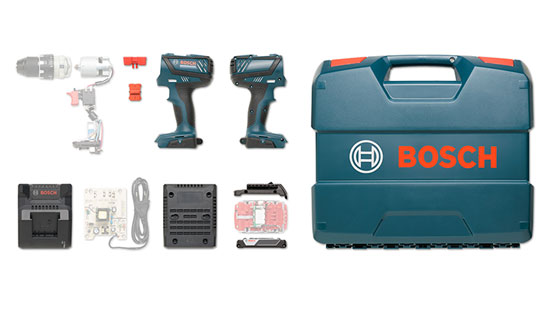 Två Bosch Professional skruvdragare och en väska ligger på bordet.