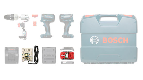 Bosch Professional verktygslåda med två batteridrivna skruvdragare och tillbehör.