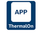 Logotyp för ThermalOn: blå bakgrund, vit text, fyrkantig.