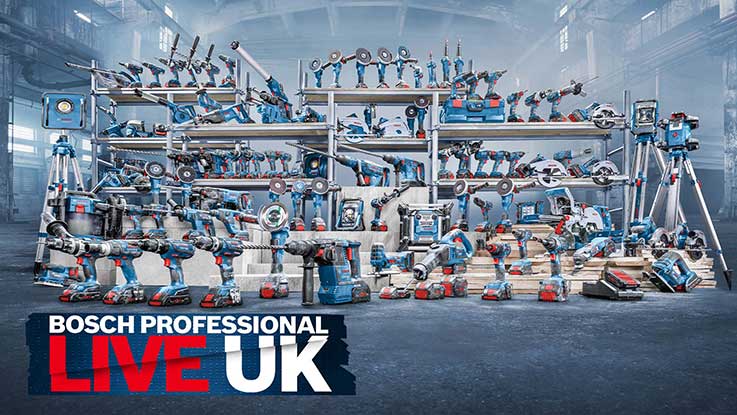 Various Bosch Professional tools on shelves in a hall.