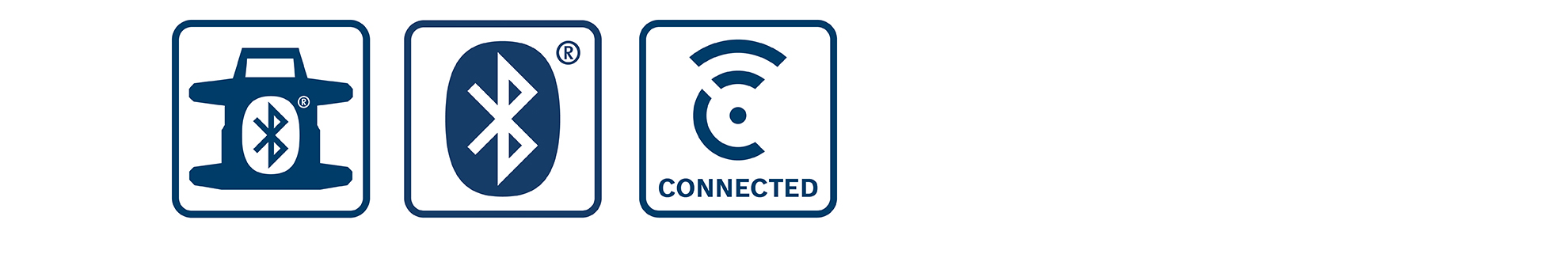 Three blue symbols: Bluetooth, connected, technical icons.