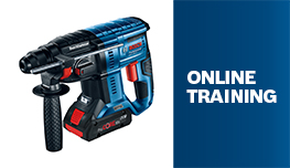 Bosch Professional cordless hammer drill in blue next to training note.