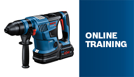 A blue Bosch Professional cordless hammer drill stands against a blue background.