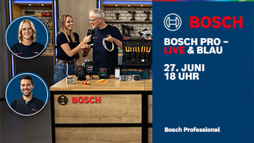 Drei Personen präsentieren Bosch Professional Werkzeuge in einem Studio.