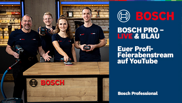 Vier Personen präsentieren Bosch Professional Werkzeuge an einem Tisch.