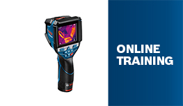 A Bosch Professional thermal imaging device with a colorful display on a blue surface.