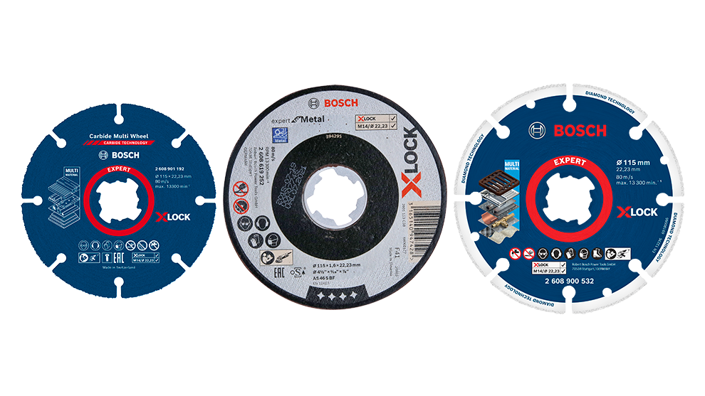Three Bosch X-LOCK cutting discs in blue and black, various sizes.