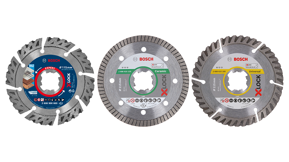 Three Bosch X-Lock cutting discs in different diameters and colors.