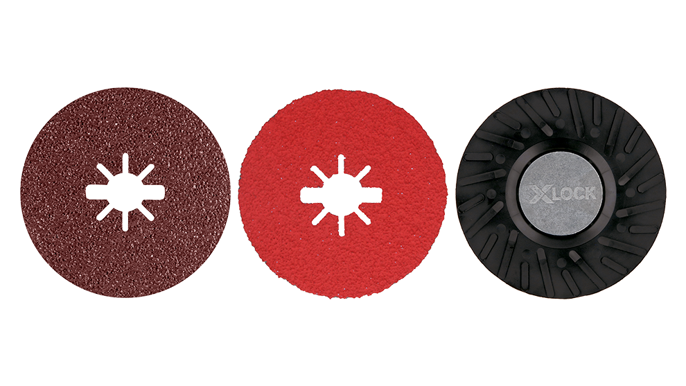 Three Bosch X-LOCK grinding discs in red and black on a white background.