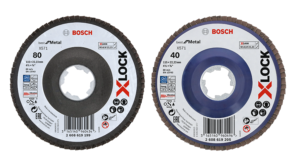 Two Bosch X-Lock sanding discs, black and blue, next to each other.