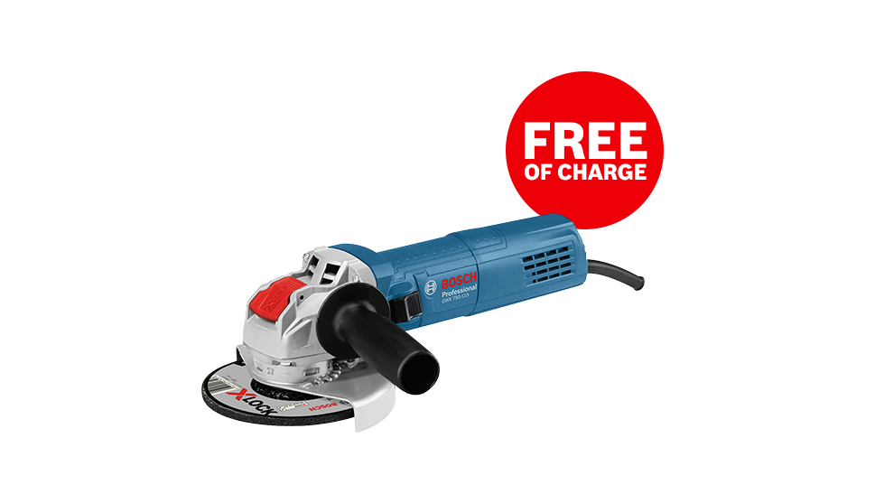 Blue Bosch Professional angle grinder with black handle and cutting disc.
