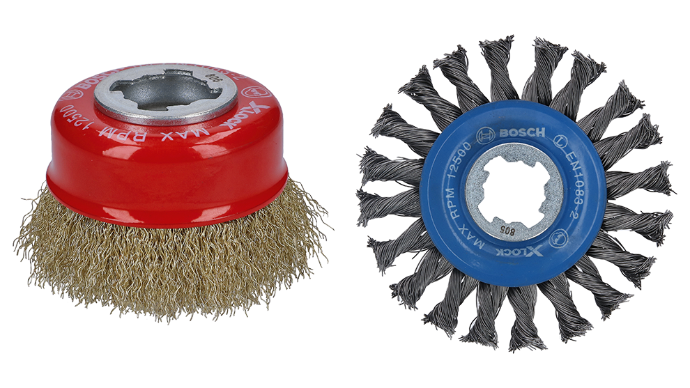 Two Bosch Professional brush attachments, red and blue, on a white background.