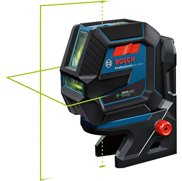 Green laser level from Bosch, black-blue with red buttons, on a mount, projects lines.