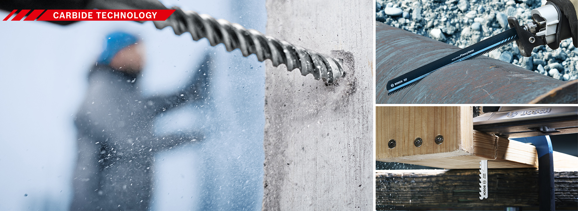 Close-up of Bosch Professional tools drilling into concrete and wood, showcasing carbide technology.