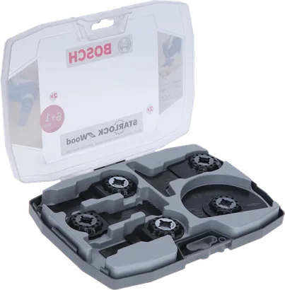مجموعة Bosch Starlock لشفرات منشار الخشب في العلبة.